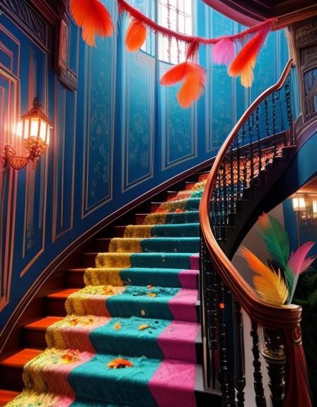 Exquisite Feathers Cascade Down a Staircase