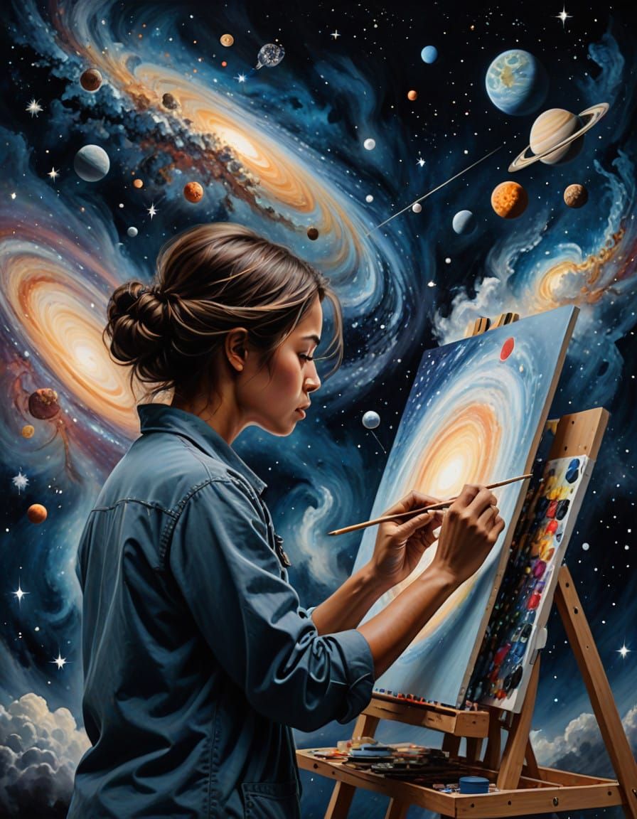 Realistic Portrait of Artist Creating Cosmic Reality