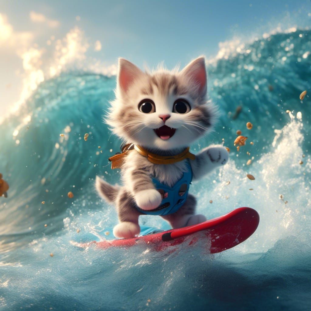 Kitten Surfing a Wave: Fantasy Concept Art