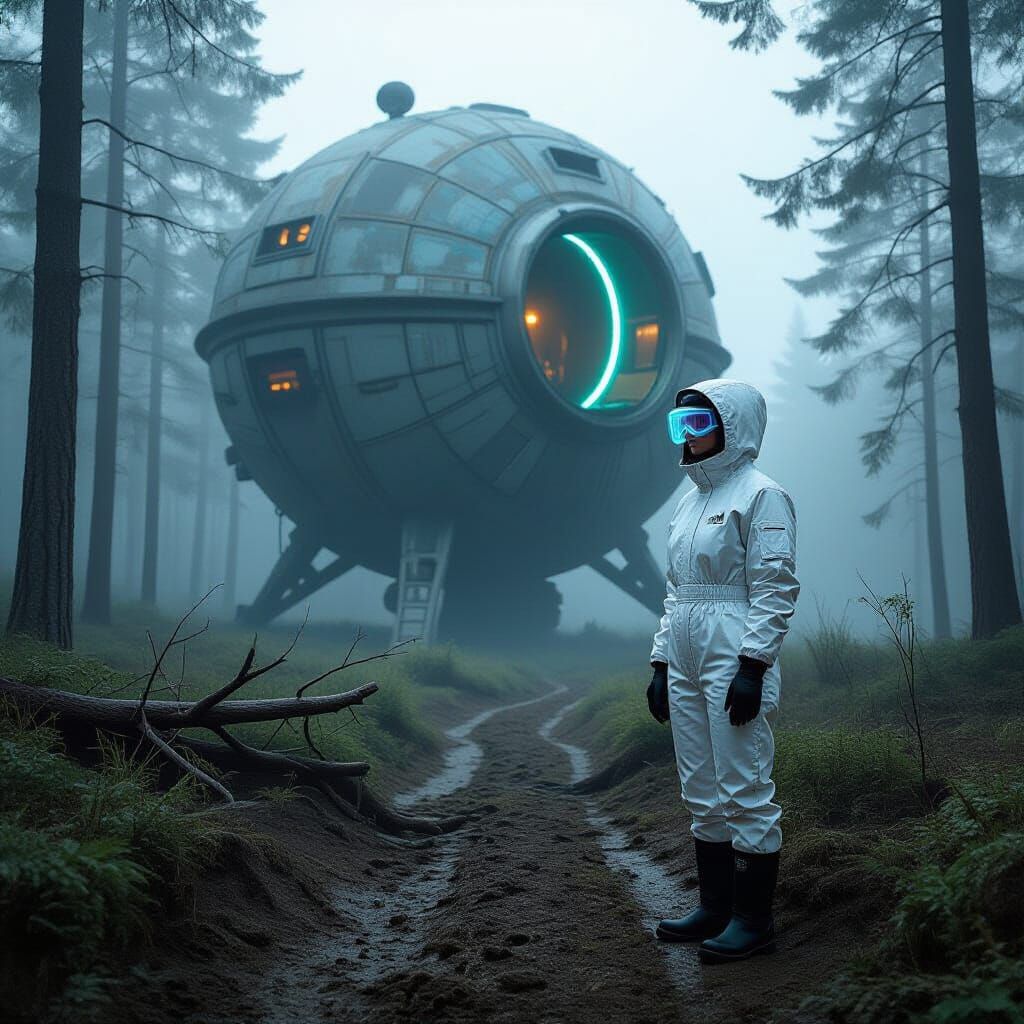Woman in Adidas Suit in Hazy Woods Near Alien Ship