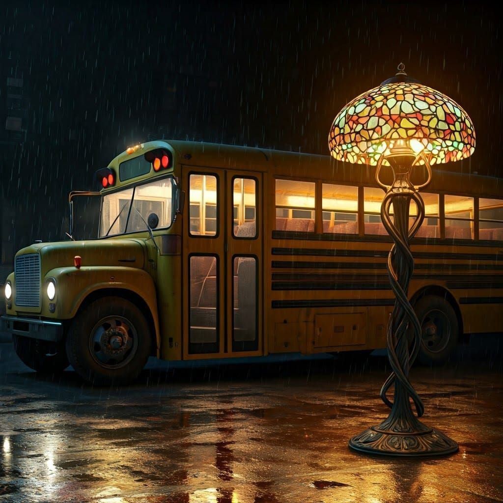 Rainy Night School Bus with Tiffany Lamp