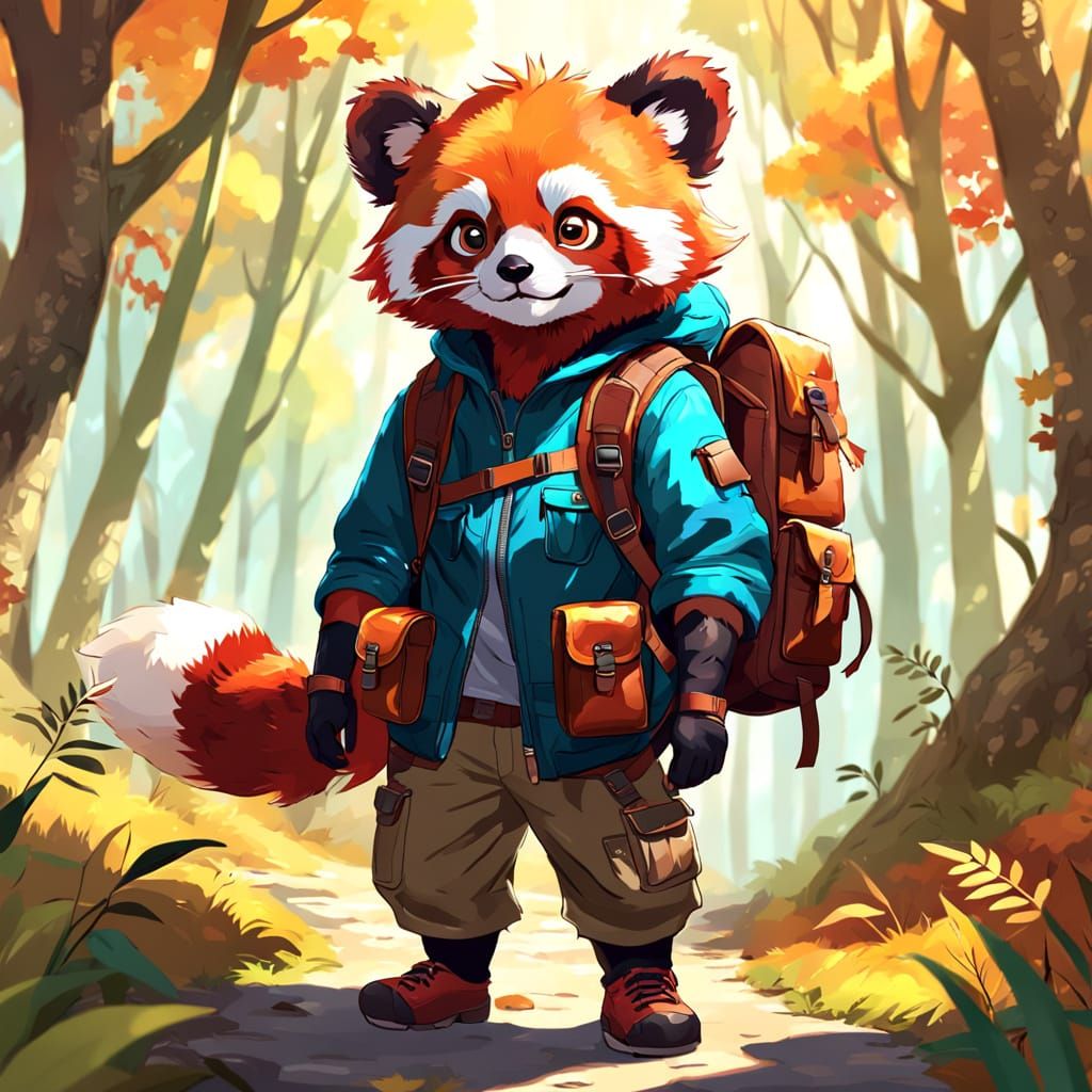 Cute Red Panda Traveler in Autumn Forest