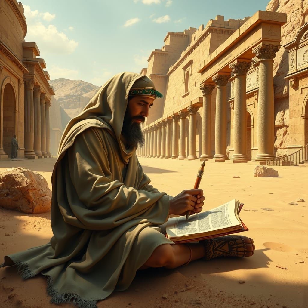 Egyptian Scribe Builds Sphinx on Laptop, Photorealistic Styl...