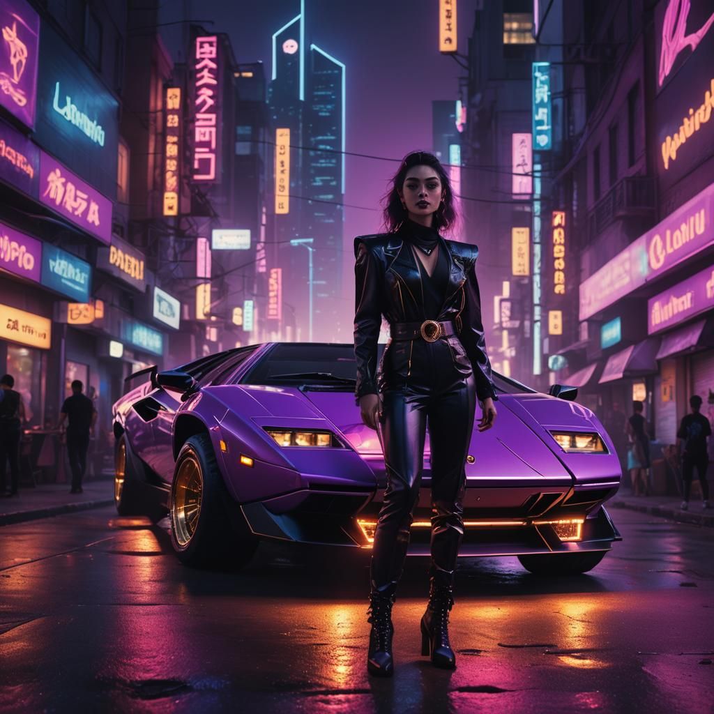 Cyberpunk Woman and Lamborghini in Vaporwave City