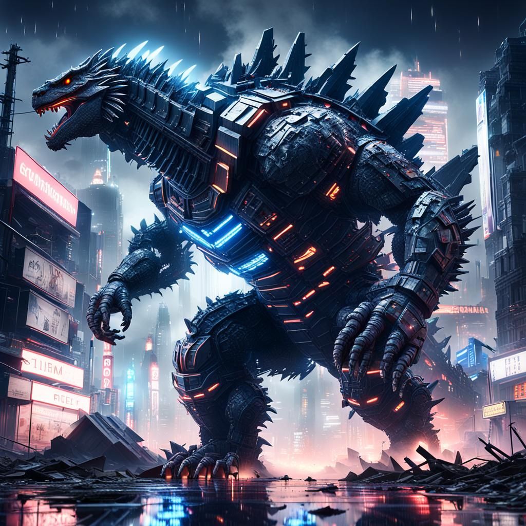 Godzilla Mech in Ruined Cityscape, Sci-Fi Art