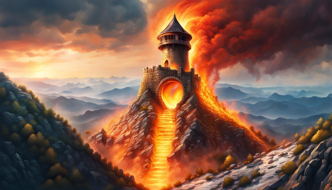 Hyperrealistic Burning Eye Tower Concept Art