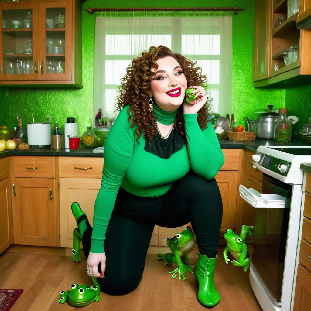 Curvy Goth Woman Kisses Frog in Kitchen