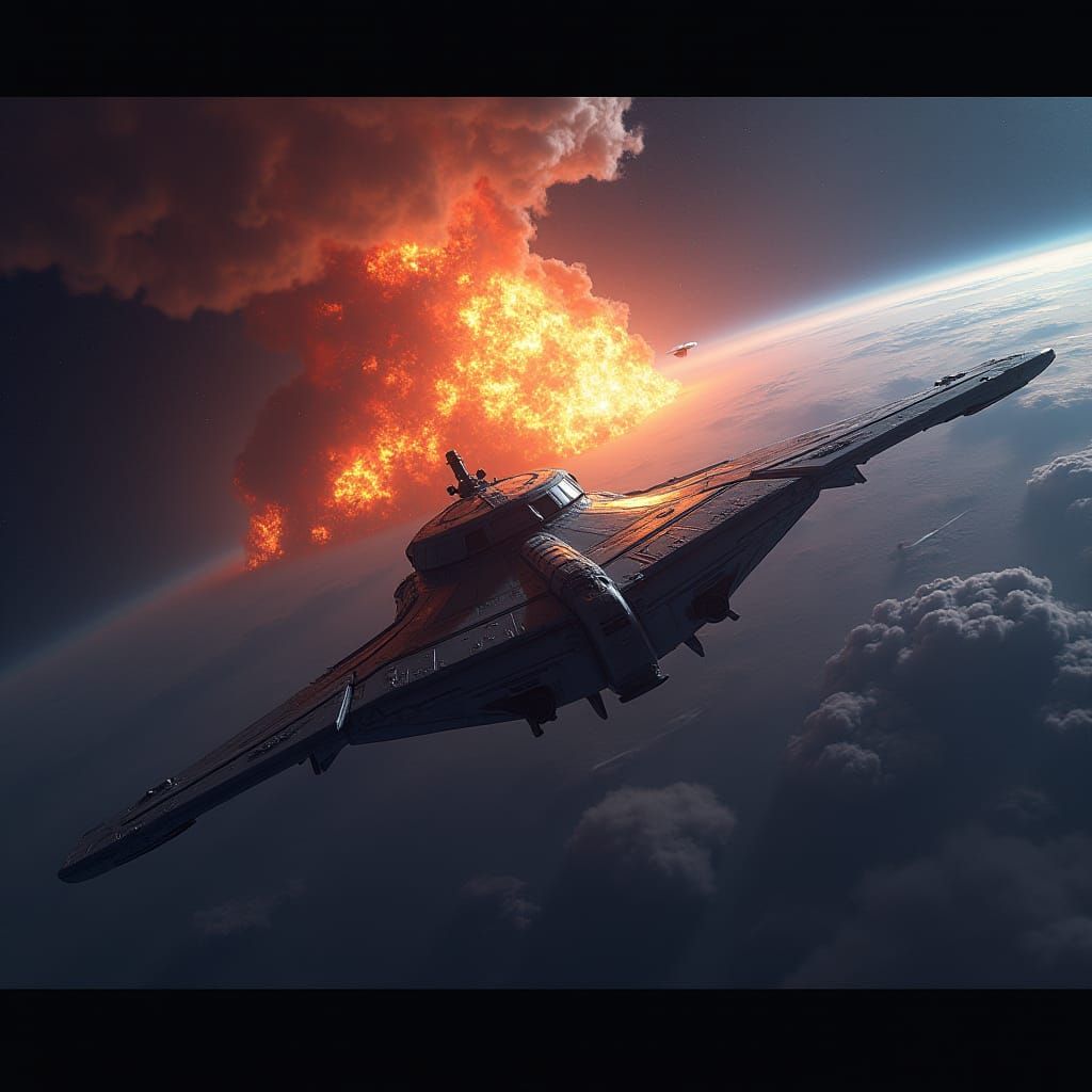 Spaceship Orbits Exploding Earth: Matte Painting