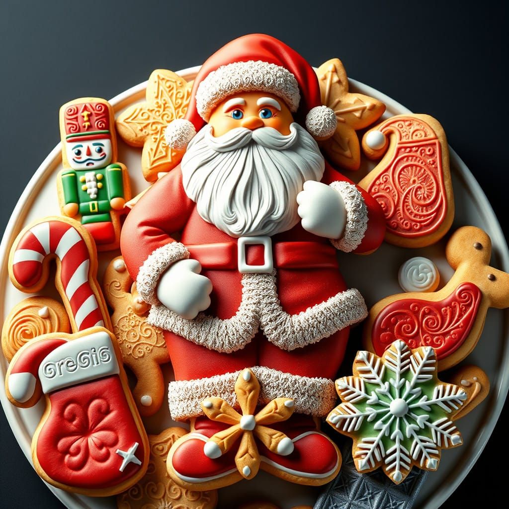 Vibrant Christmas Cookie Platter with Intricate Santa Cookie...