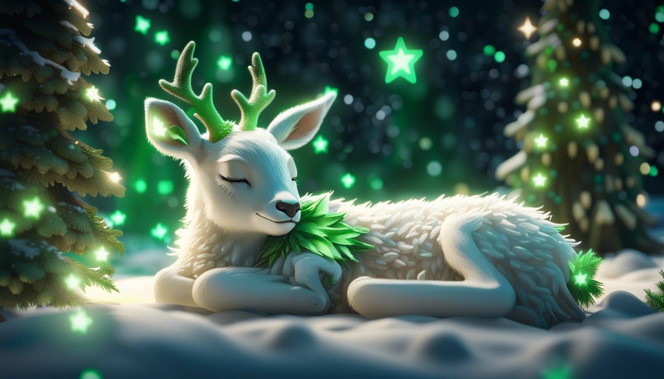 White fluffy Celestial bambi sleeping christmas trees green stars 3D Game Cinematic Feel, Epic 3D Videogame Graphics, In...