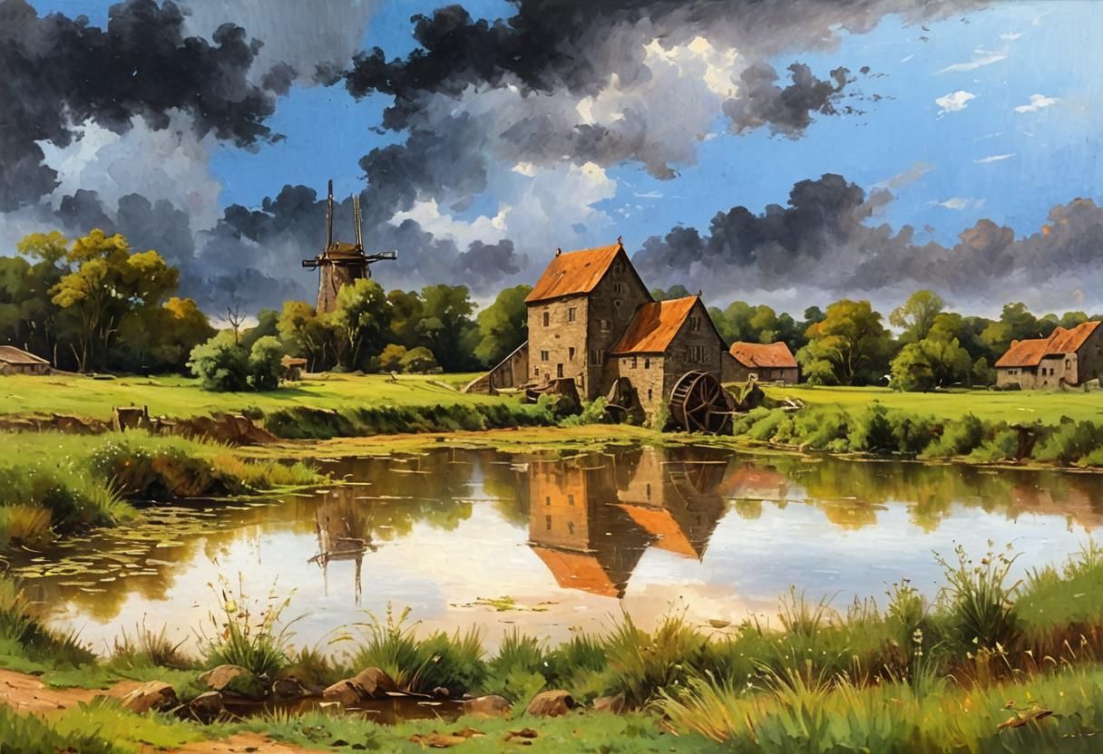 Mill with Pond in Oil Painting Style
