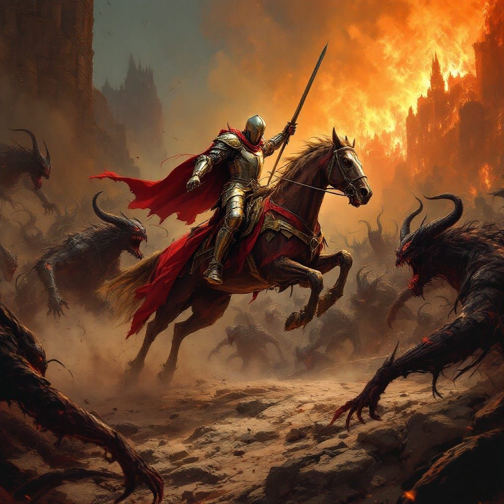 Epic Battle of Good vs Evil in a Fiery, Heroic Style