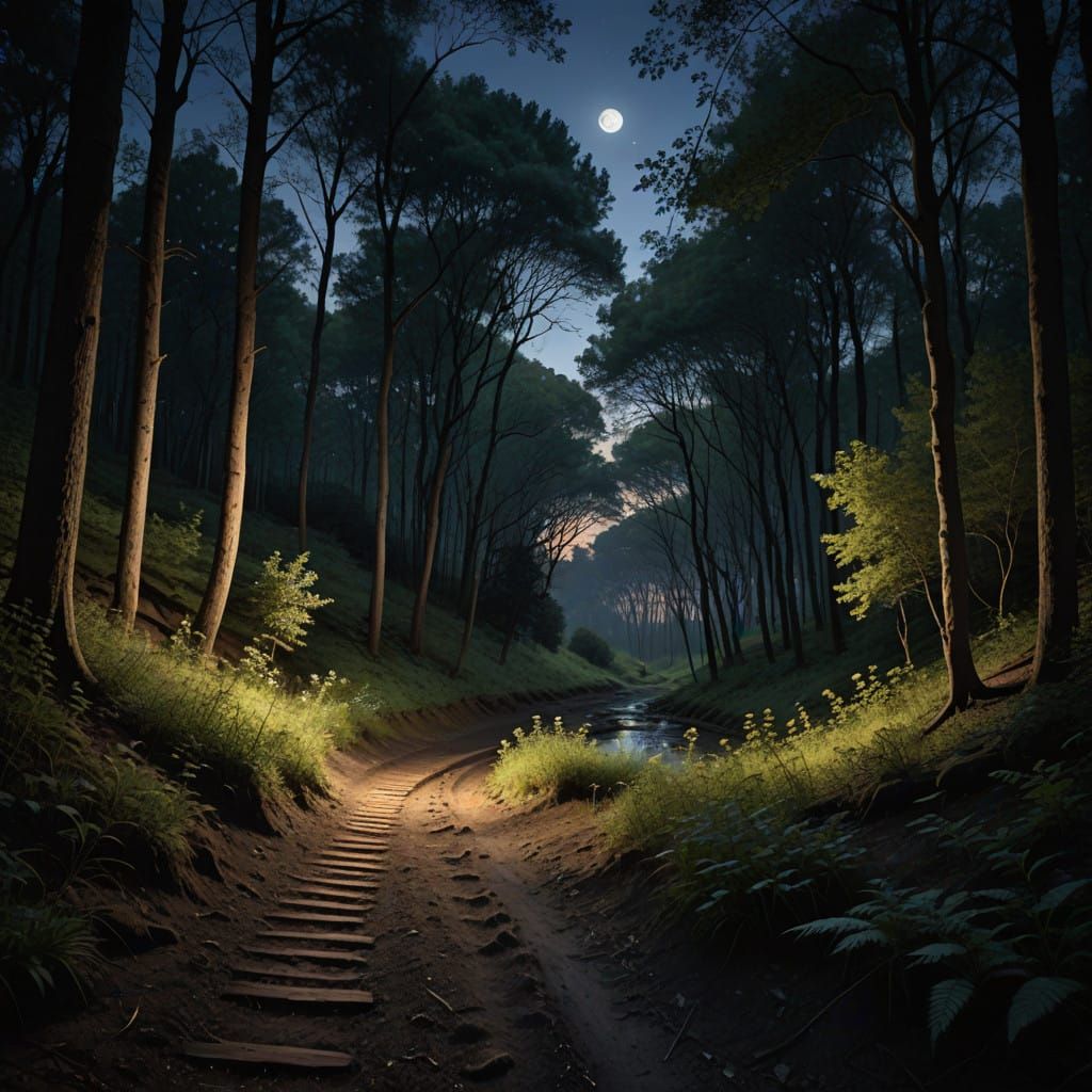Twilight Forest Path Under Moonlit Trees