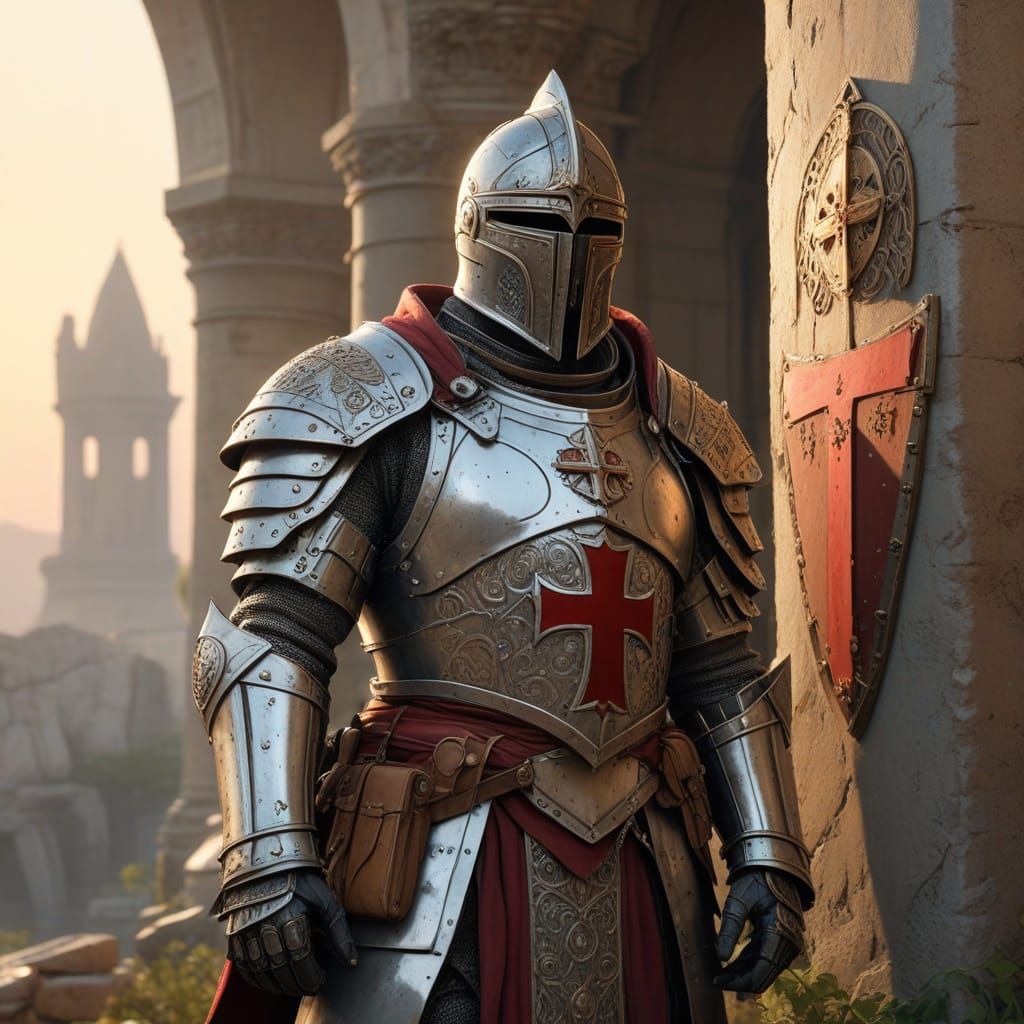 Templar Knight in Ornate Silver Armor Stands Guard