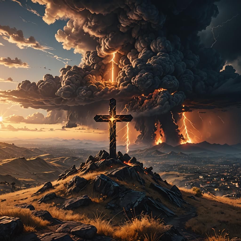 Stormy Sunset Cross: Dark Fantasy Concept Art