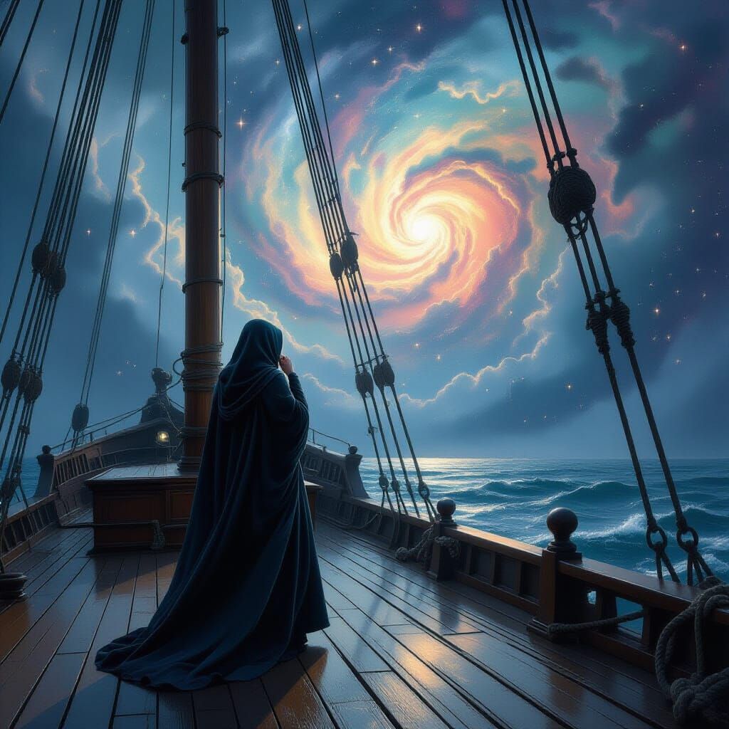 Woman Gazes at Nebula from Sailing Ship