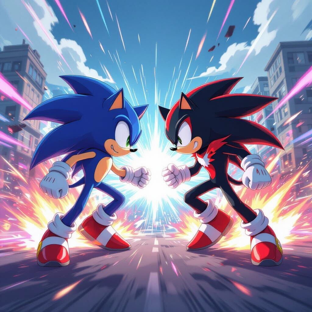Sonic and Shadow Clash in Vibrant Anime Style