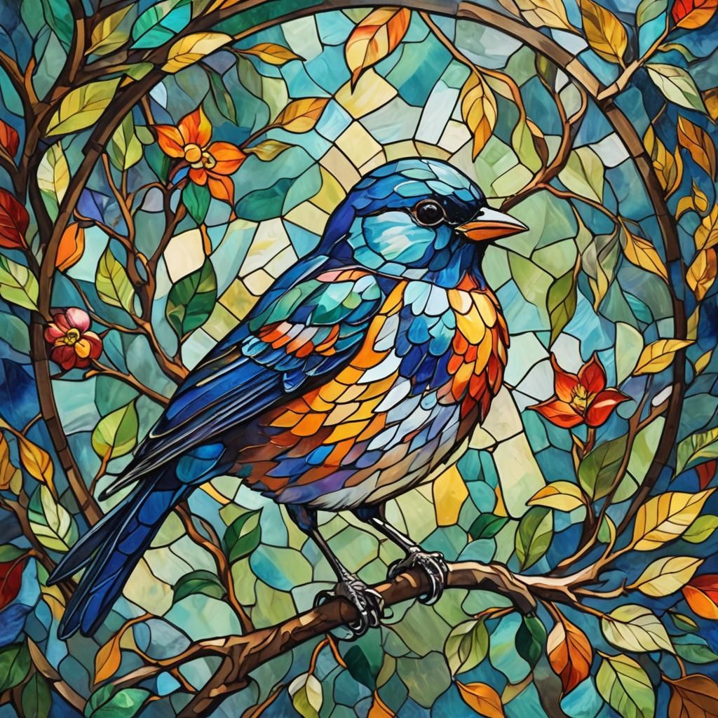 Stained Glass Bird in Gouache Watercolor Style