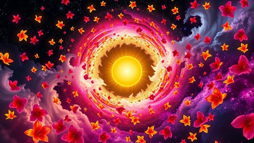 Neon Flowers in Fibonacci Spiral with Golden Sun