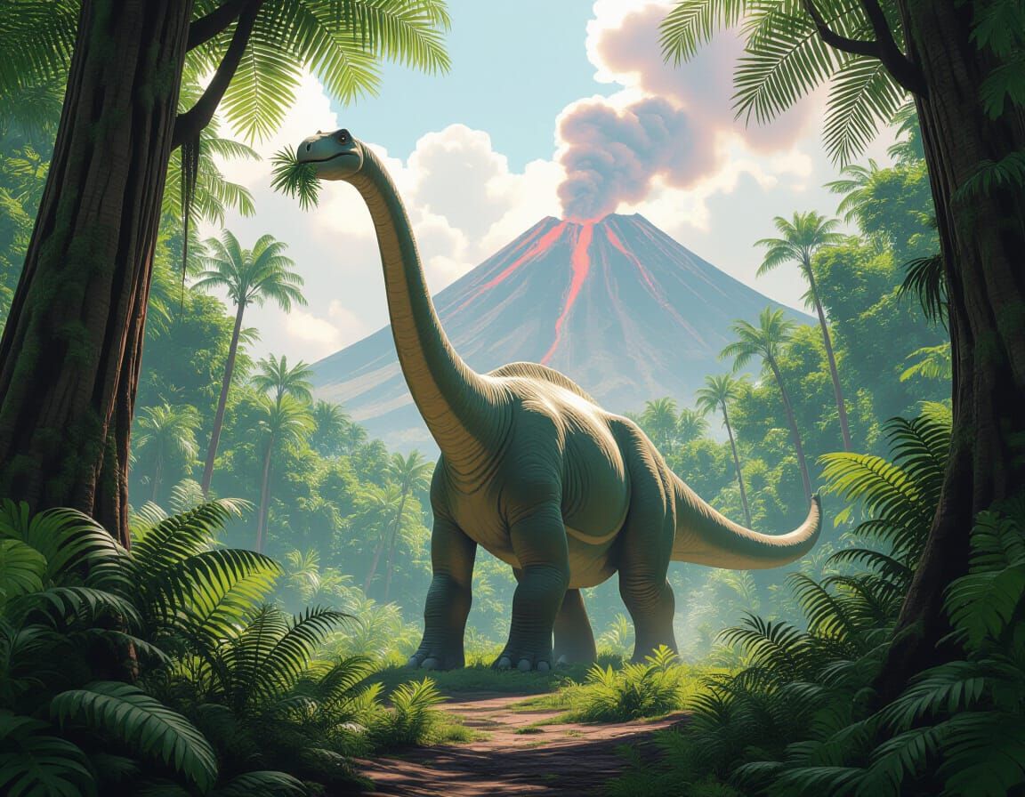 Brachiosaurus in Prehistoric Jungle Watercolor Painting