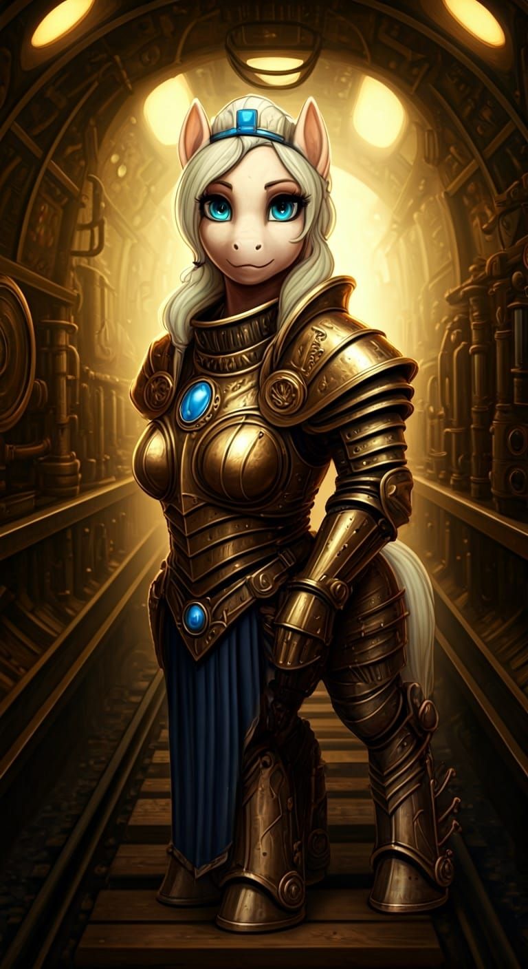 Steampunk Pony Warrior in Ornate Armor