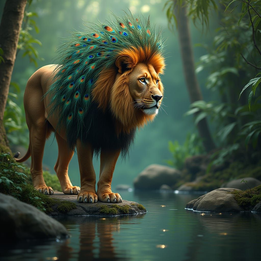 Lion With Peacock Feather Mane in Surreal Jungle