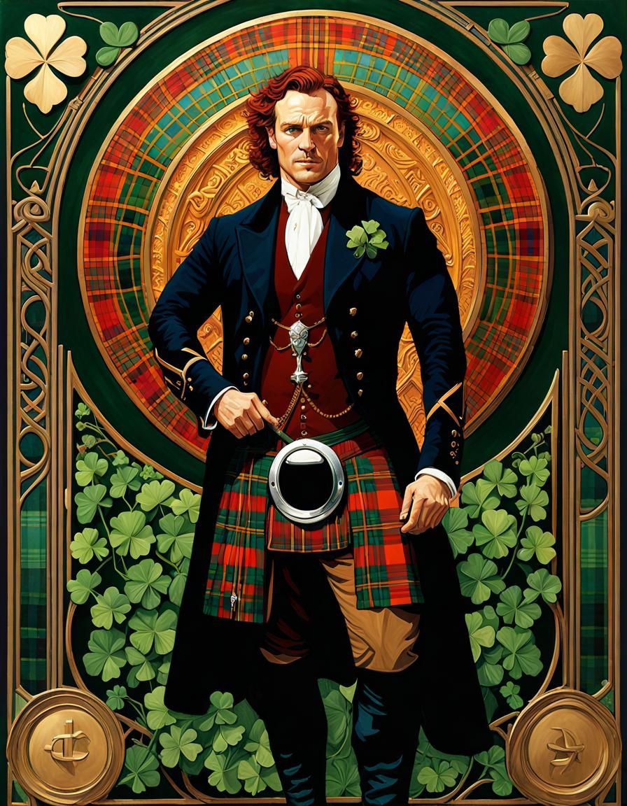 Art Nouveau Portrait of Irishman in Tartan Kilt