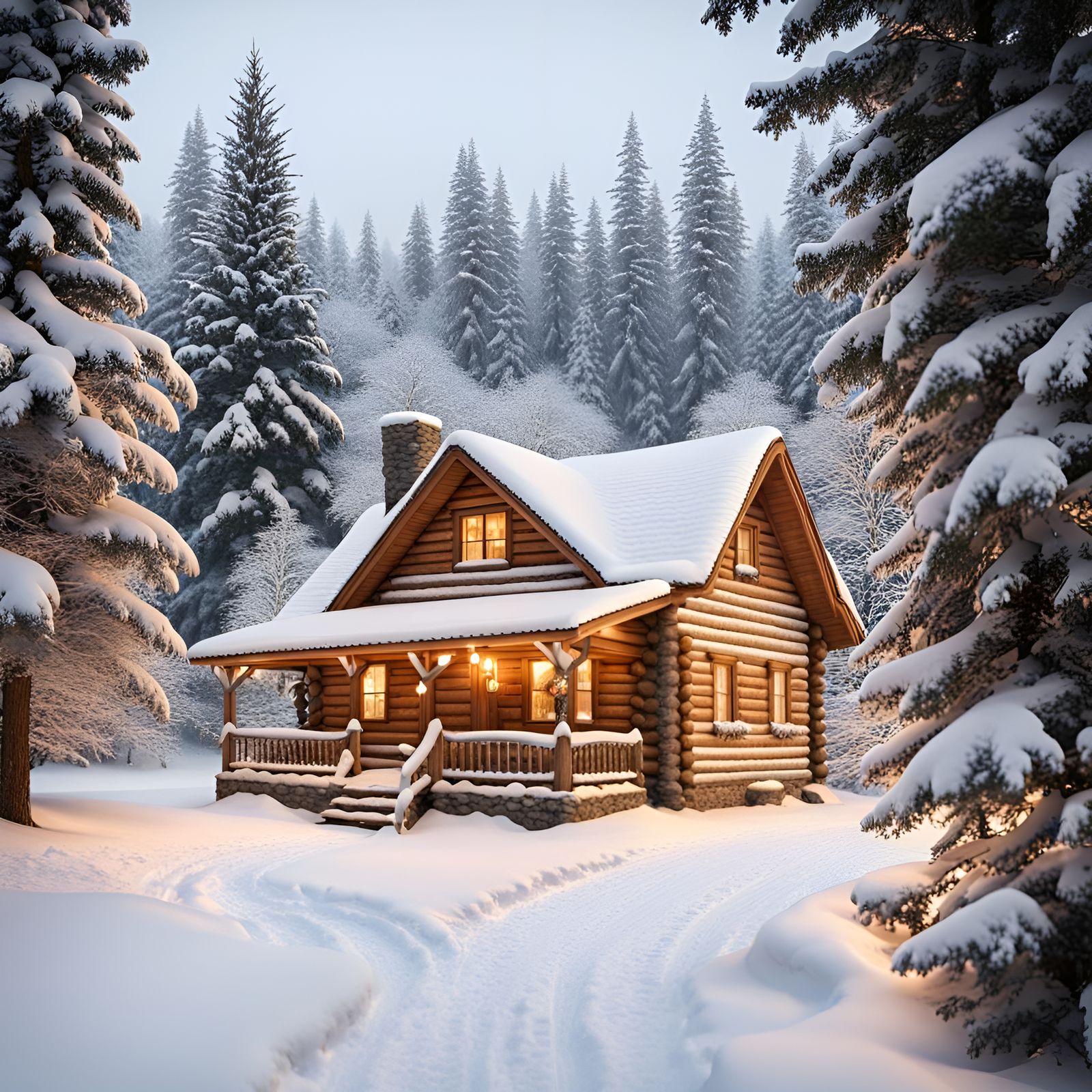 Christmas Log Cabin in Snowy Winter Landscape