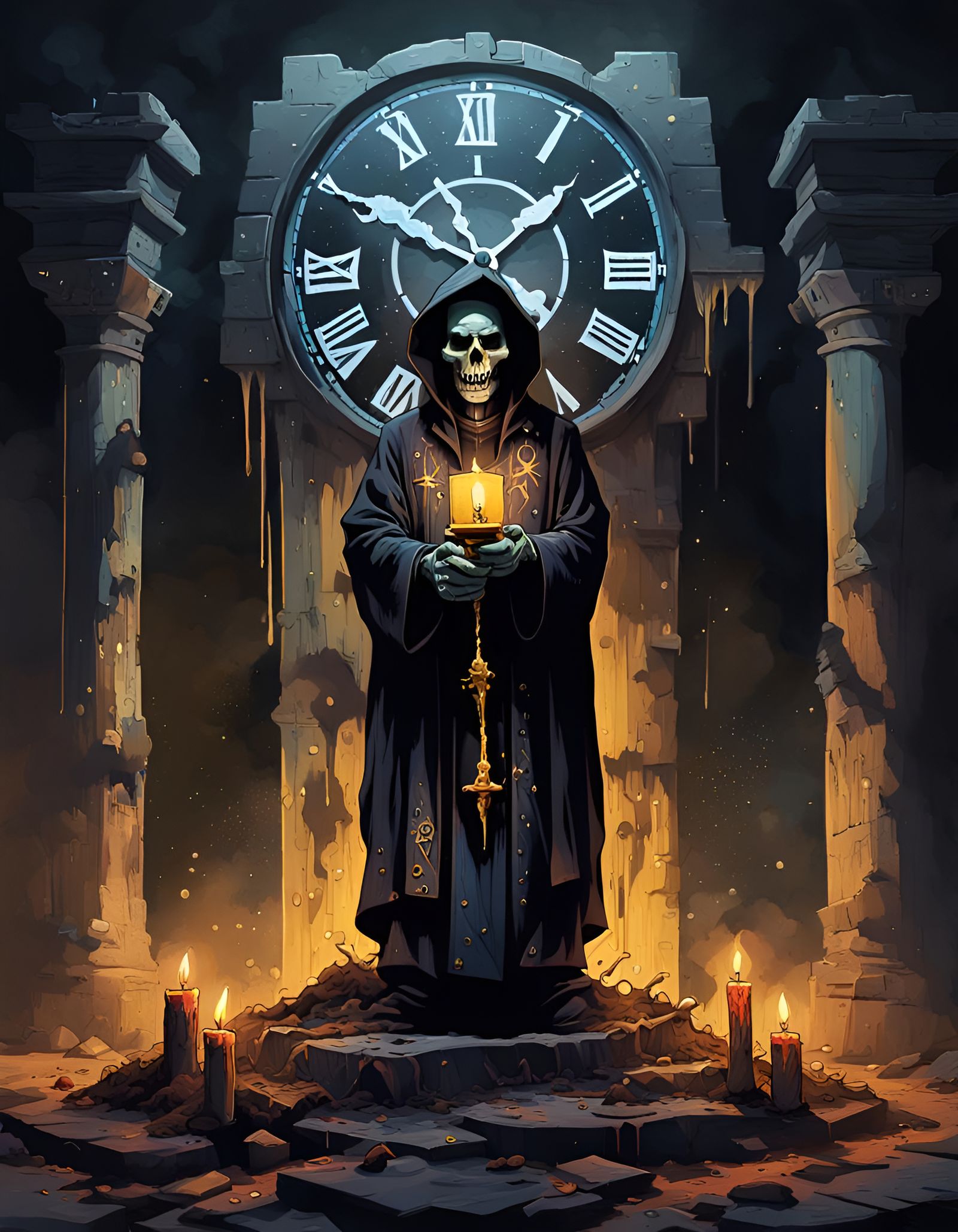 Ashes to ashes, dust to dust.
The life clock strikes fades you away. Undead priest holding a candlelight.