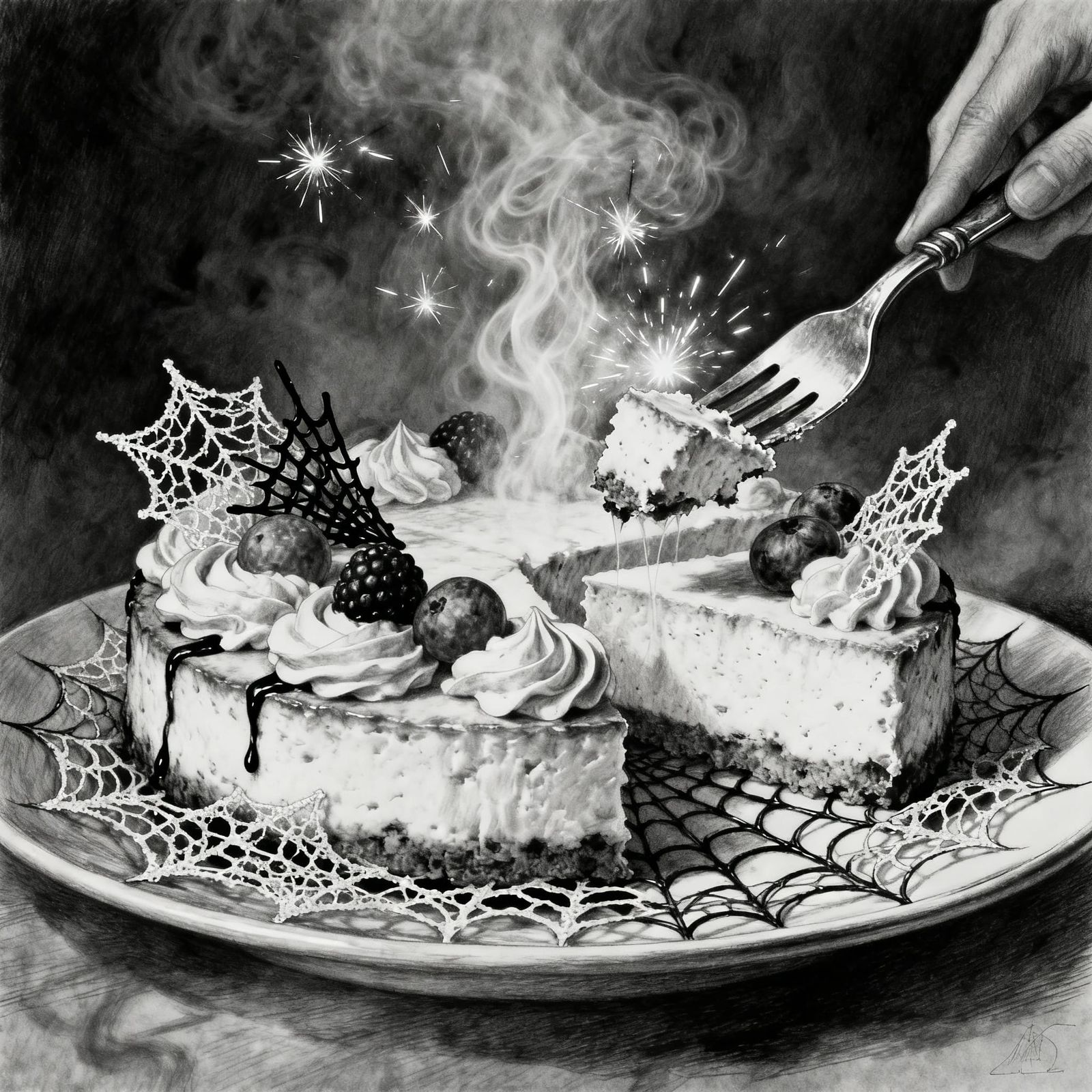 Hyperdetailed Charcoal Sketch of a Mystical Dessert