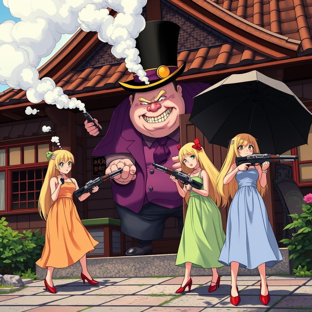 Blonde Anime Sisters Confront Menacing Fat Man in Vibrant Co...