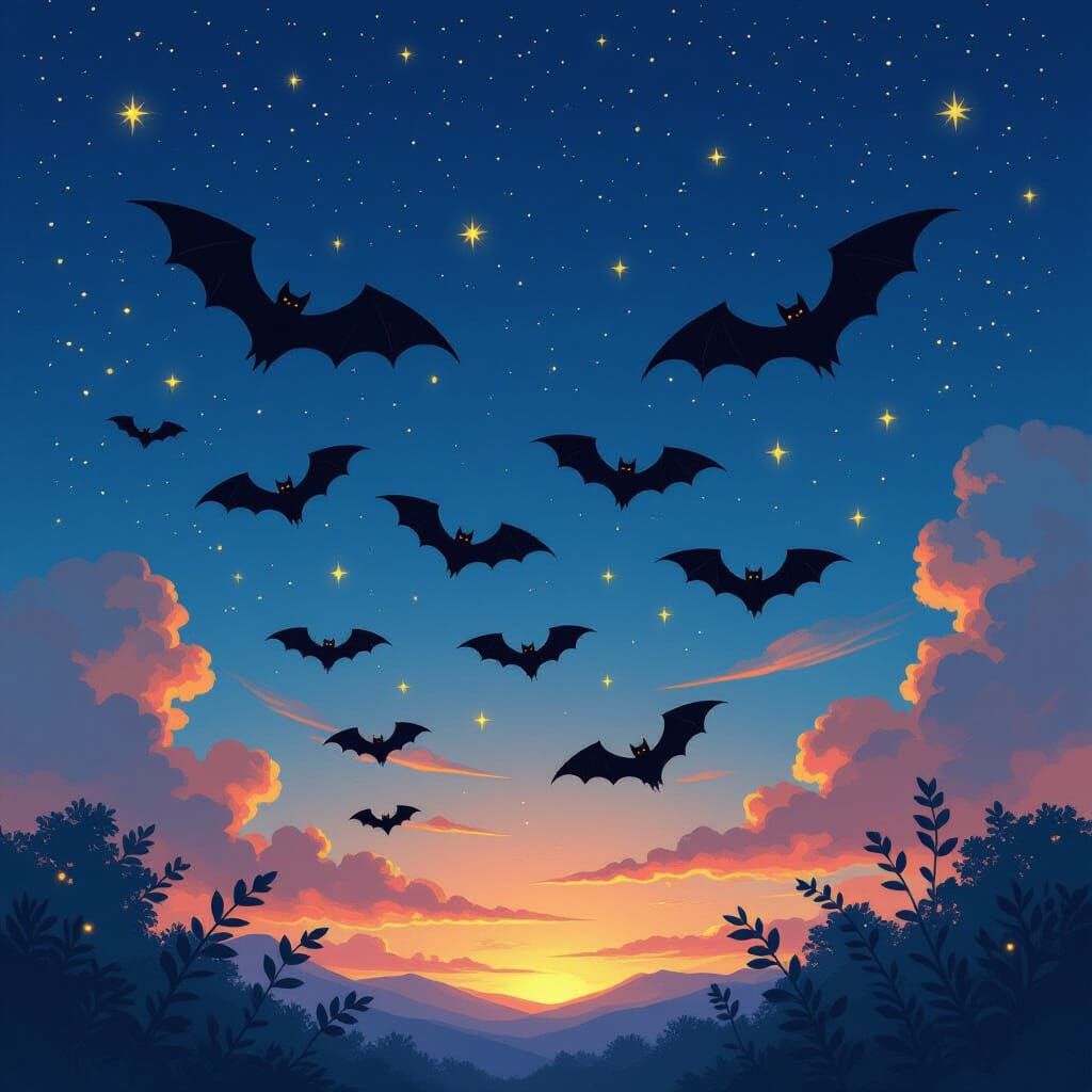 Bats Flying Under Starry Night Sky in Whimsical Style