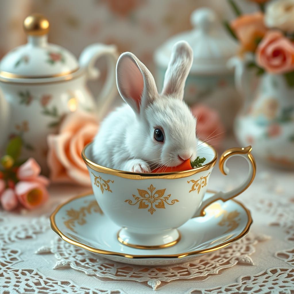 Whimsical Bunny Sits in Golden Teacup, Nibbling on Orange Ca...