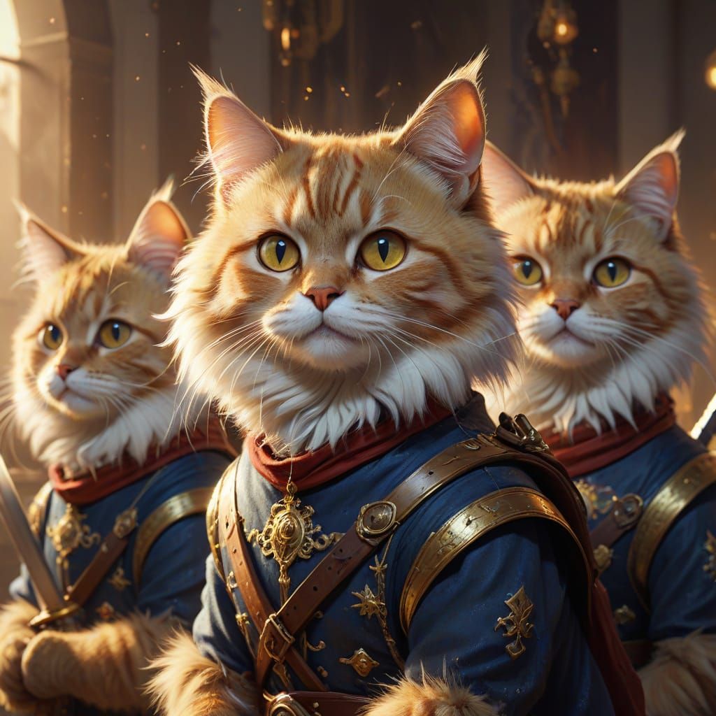 Three Cat Musketeers in Whimsical Concept Art Style