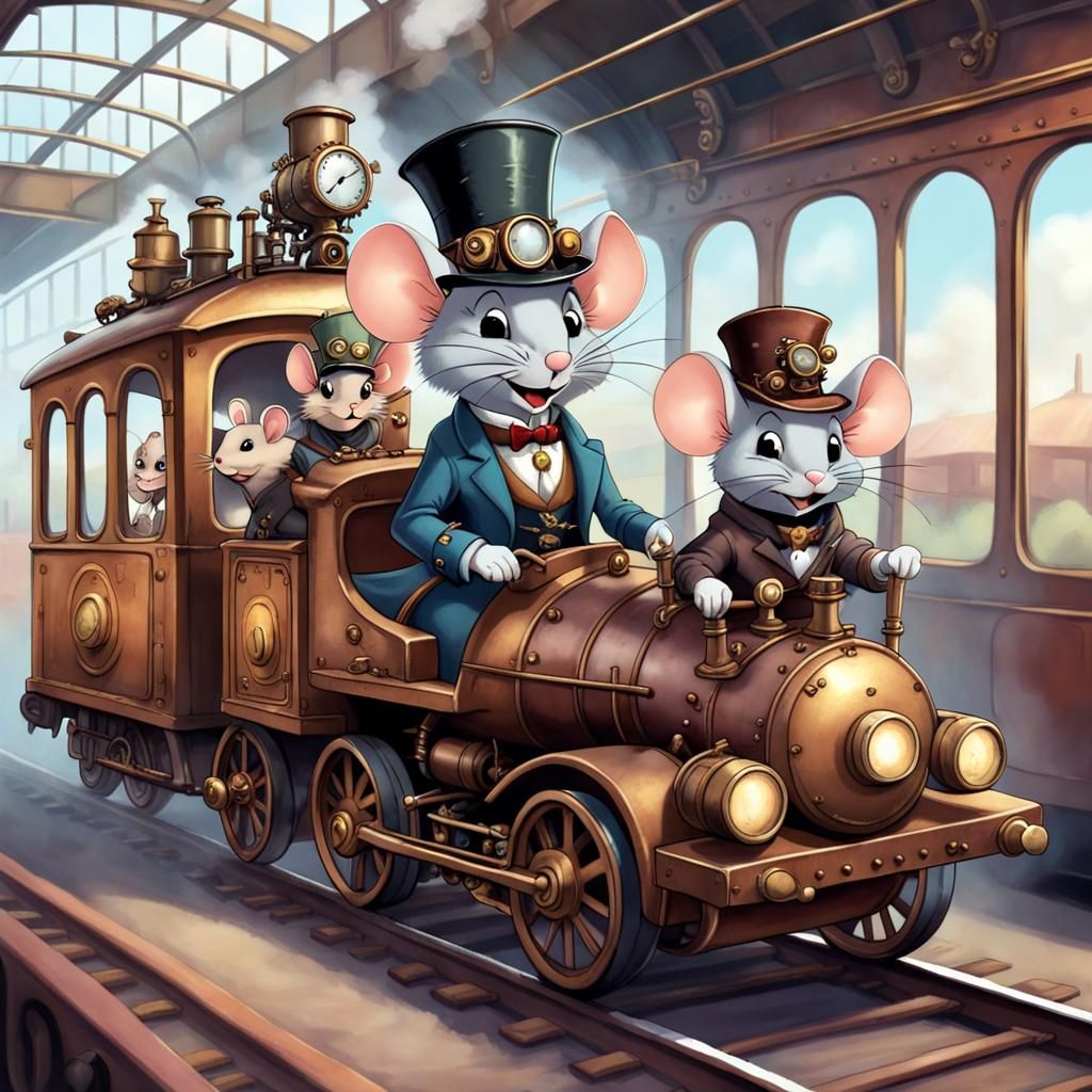 Steampunk Mice Driving Train in Cartoon Style