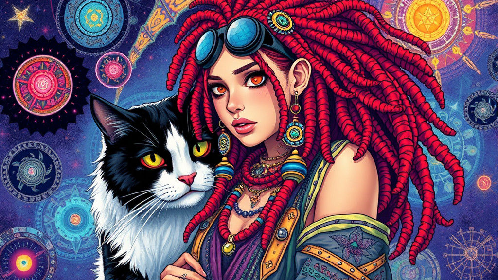 Cosmic Hippie Punk Girl with Big Cat in 8k