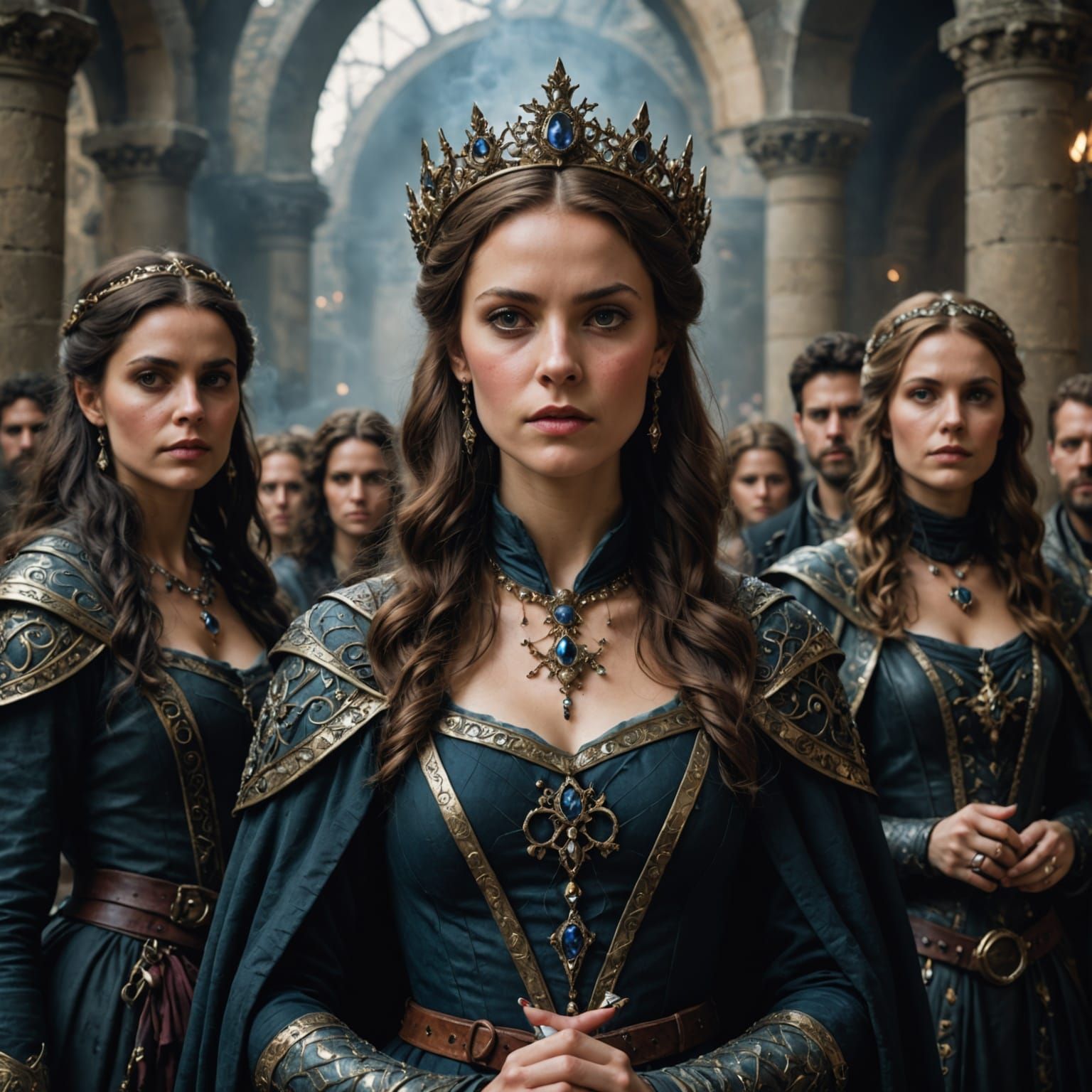 Ethereal Princess Surrounded by Mysterious Courtiers in a Da...