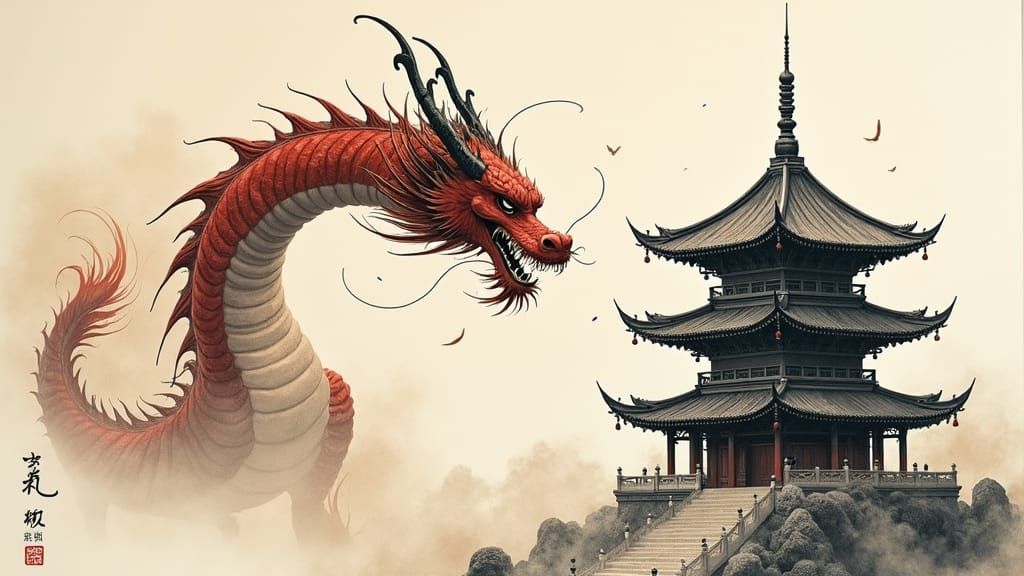 Chinese Dragon Launching from Pagoda, Ink Brush Art