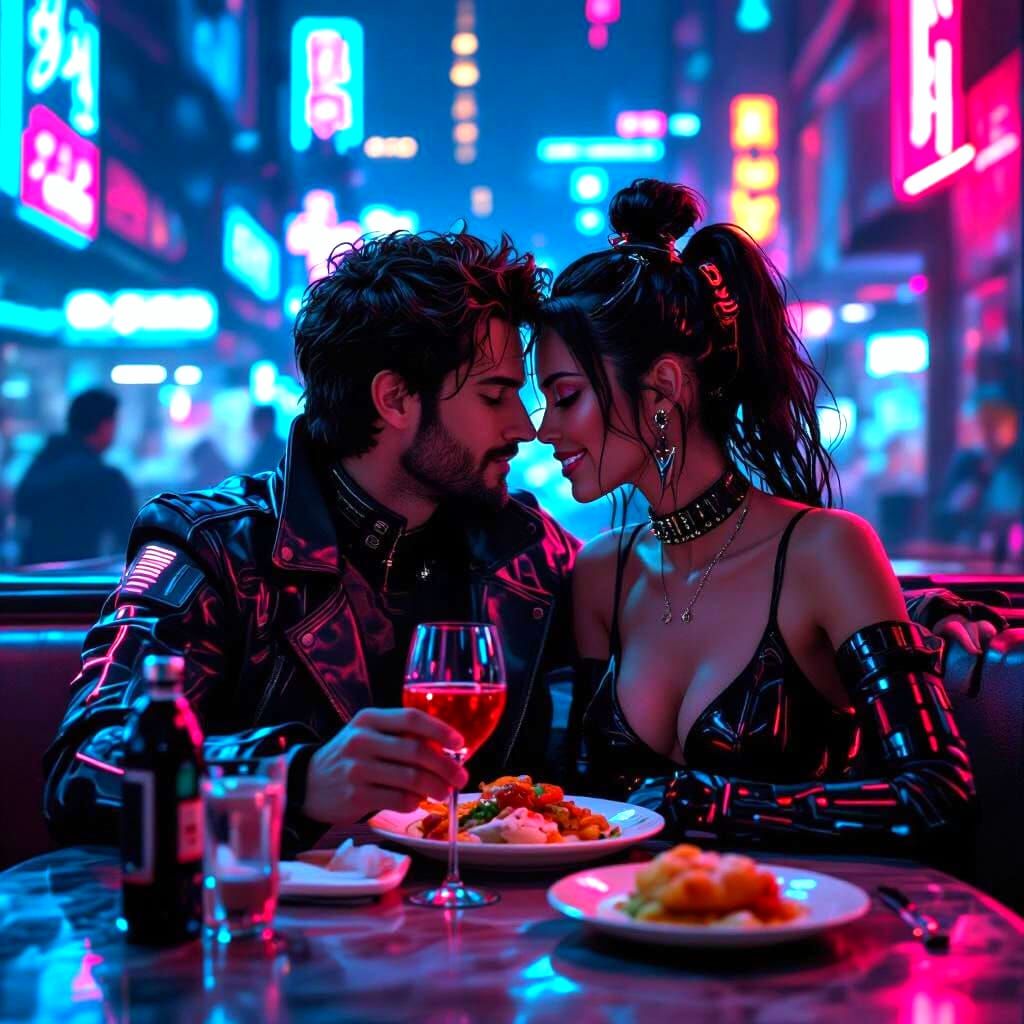Cyberpunk Couple Enjoys Romantic Meal in Neon City