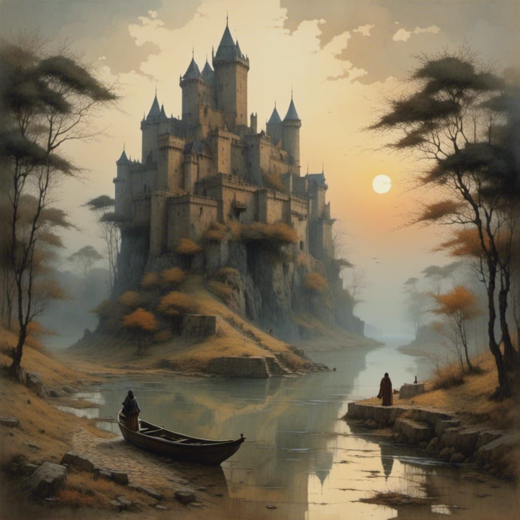 Medieval Lovers on Lake at Sunrise in Chiaroscuro