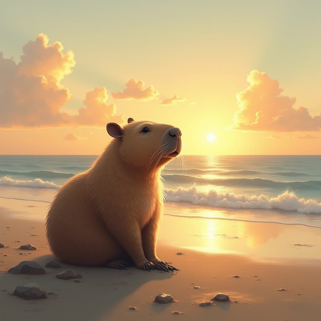 Capybara's Sunset Vigil: Impressionistic Beach Scene