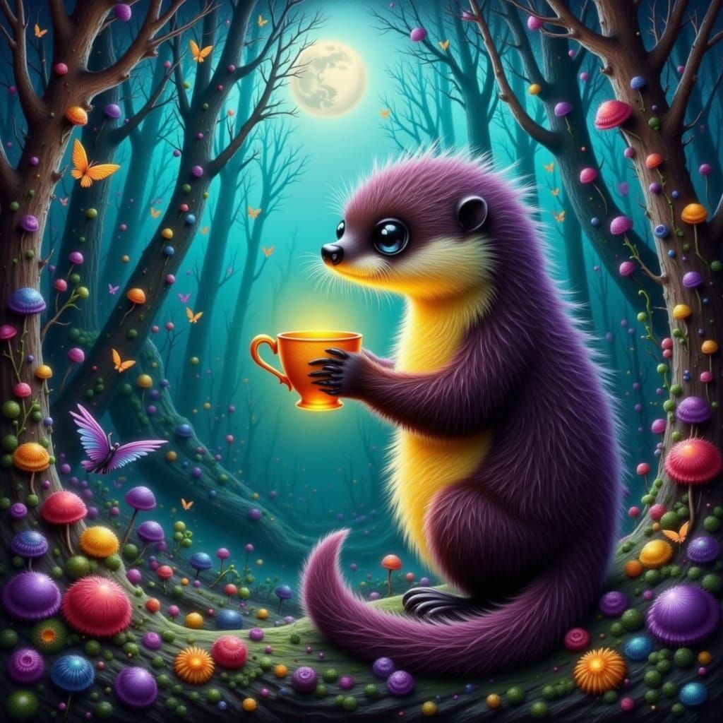 Playful Otter With Glowing Teacup in Moonlit Forest