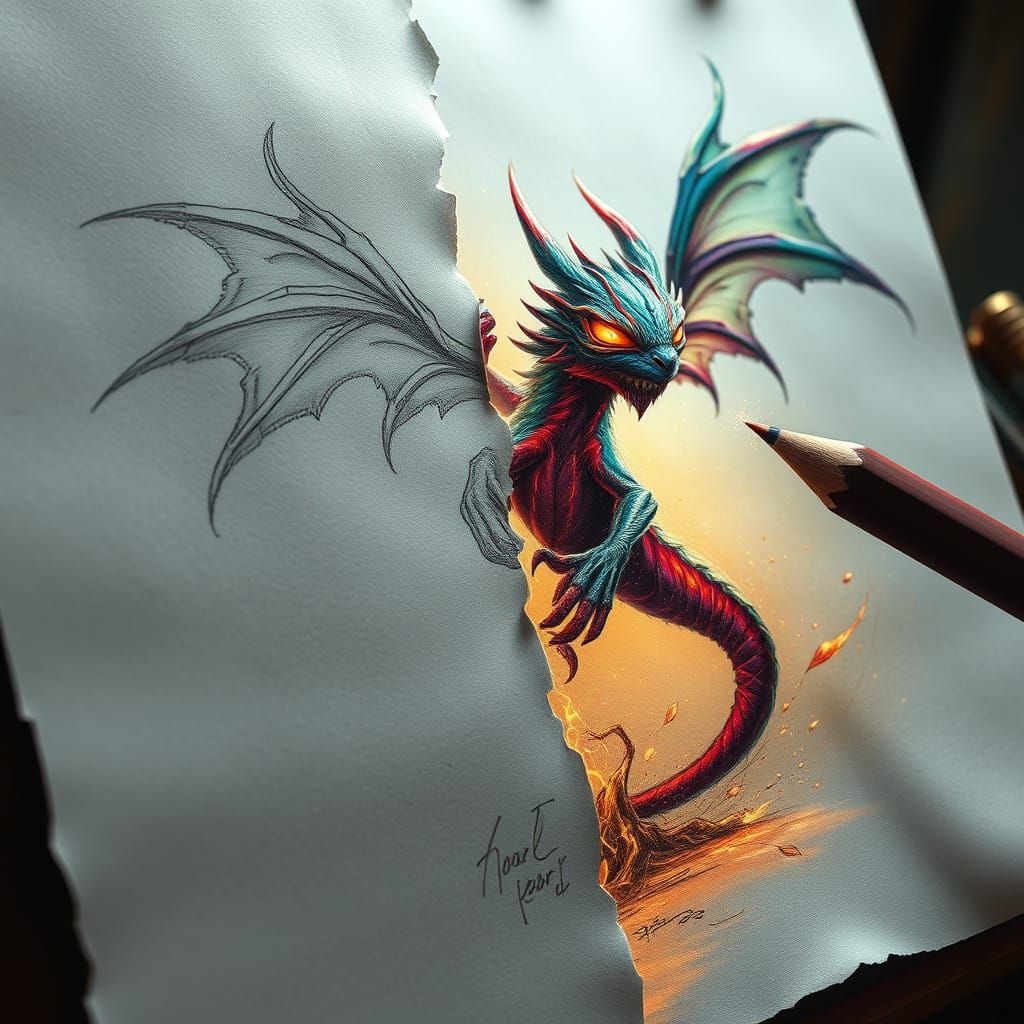 Fantastical Creature Emerges from Sketch in Vibrant Colors