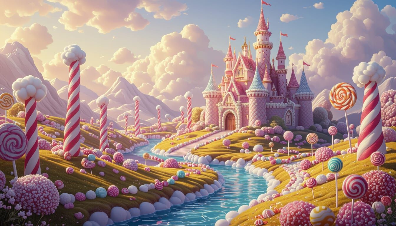Enchanting Candy Land with Chocolate River and Castle