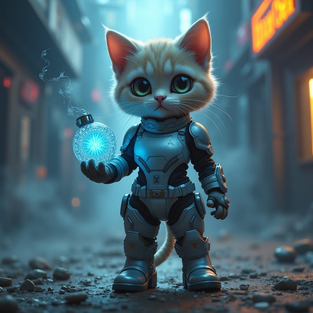 Cyberpunk Cat Warrior with Futuristic Bomb