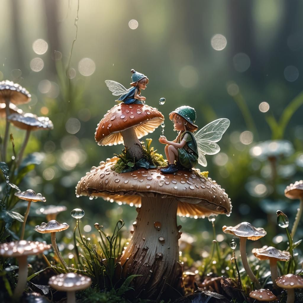 Fairy on Mushroom in Dew-Kissed Light