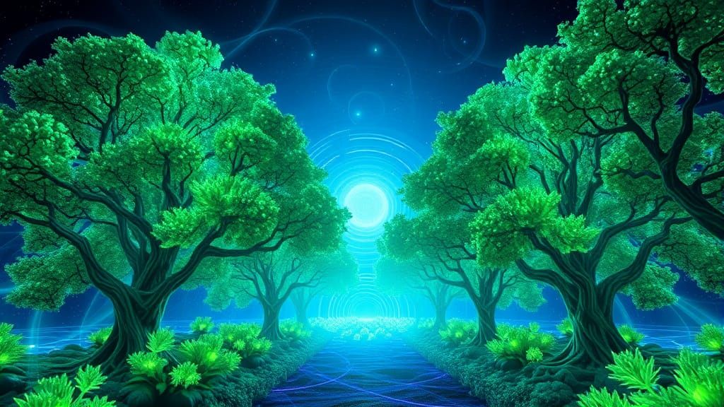 Hyperrealistic Neon Forest in Vibrant Emerald and Azure