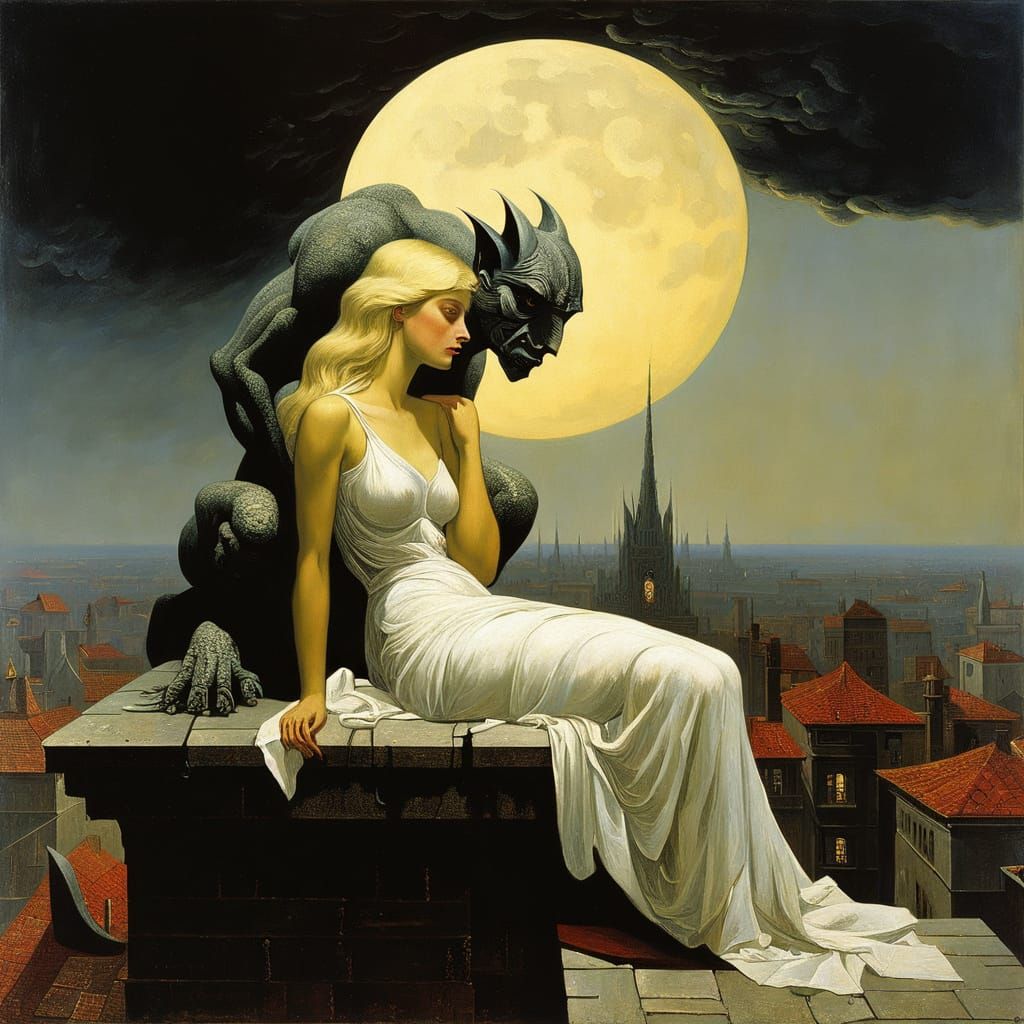 Gargoyle's Shoulder: Surreal Gothic Oil Painting