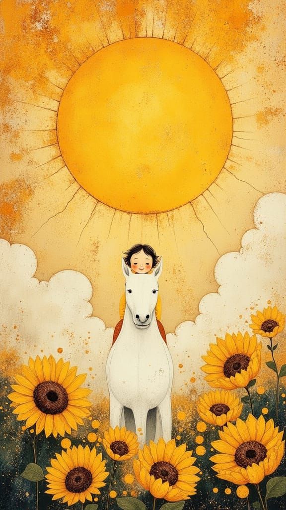 The Sun Tarot Card with Child and Horse