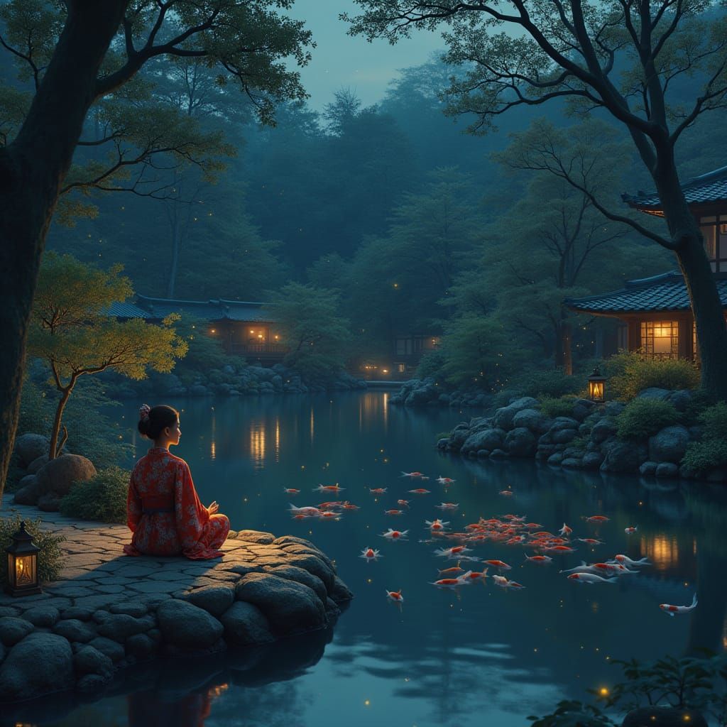 A serene Japanese garden at twilight, with a lone figure in ...